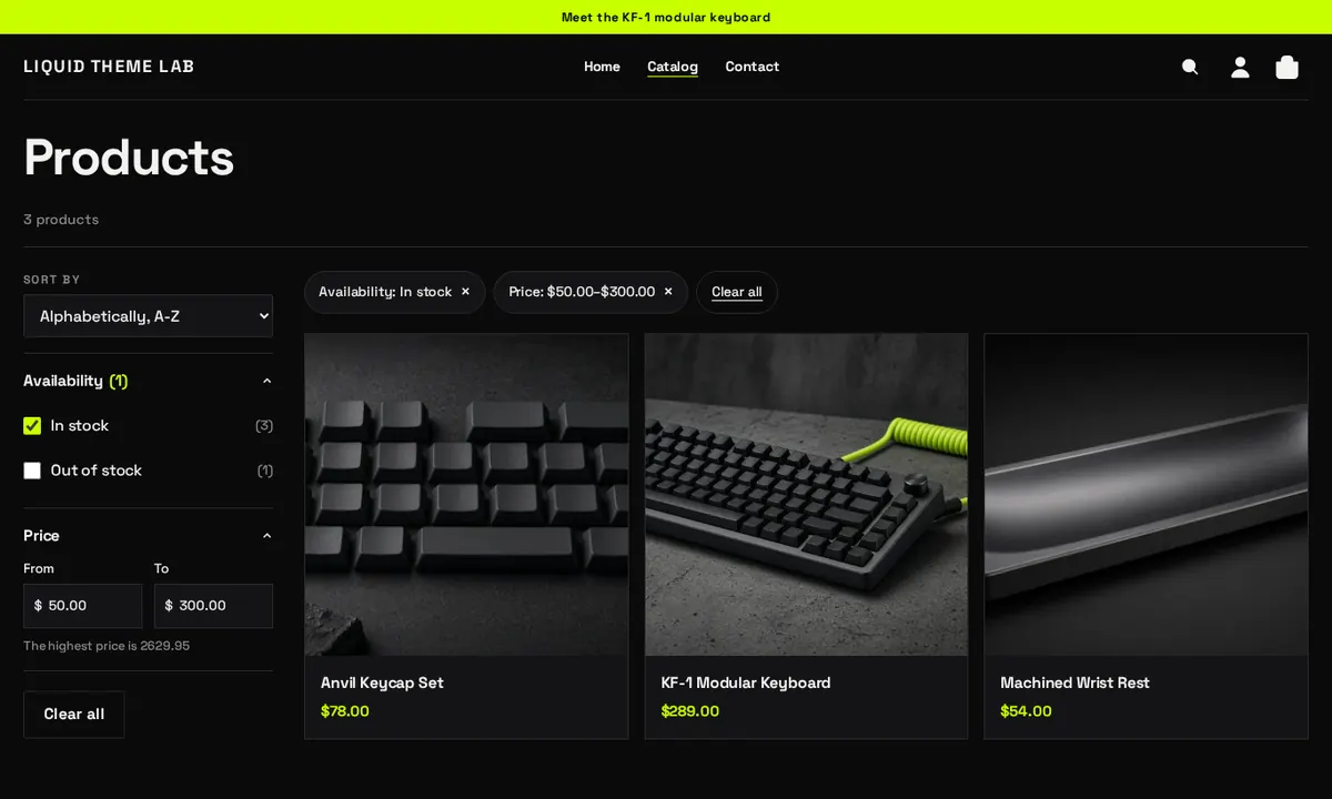 A collection page with a filter sidebar showing Availability and Price filters, two active filter tags above the product grid, and a Clear all link.