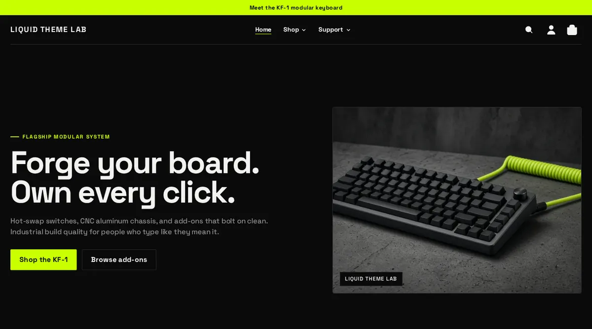 The Plinth demo store home page: a dark page with a large bold heading, two buttons and a product image of a keyboard.