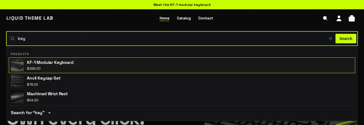The header search box with the word key typed, showing three product suggestions with thumbnails and prices, and a Search for key link.