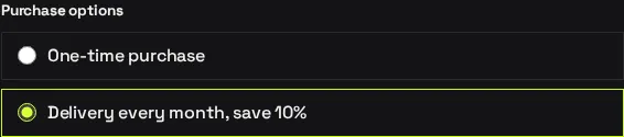 A Purchase options group with two choices: One-time purchase, and Delivery every month, save 10%, which is selected.