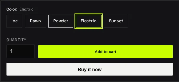 Variant buttons labelled Ice, Dawn, Powder, Electric and Sunset, with Electric selected, above a quantity box, an Add to cart button and a Buy it now button.